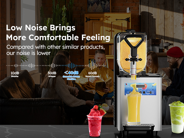 Mojgar Pro 3L Slush Machine operates at <40dB, ensuring a quieter environment compared to similar products. Ideal for home, cafés, and bars, providing a noise-free experience while delivering smooth, refreshing frozen drinks.